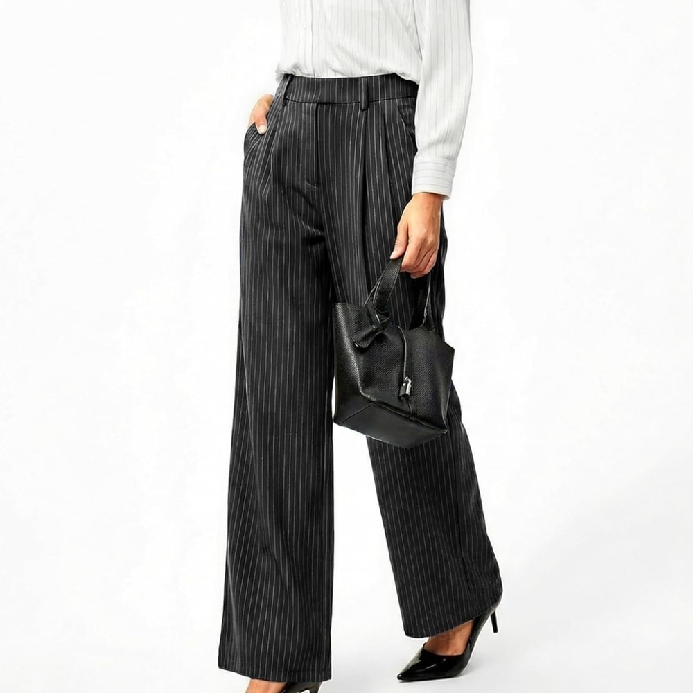 Black Pinstripe Wide-Leg Trousers